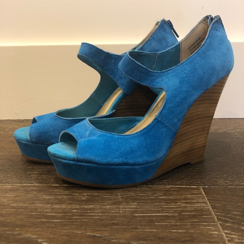 Anthropologie Seychelles Blue Suede Wedge 8.5